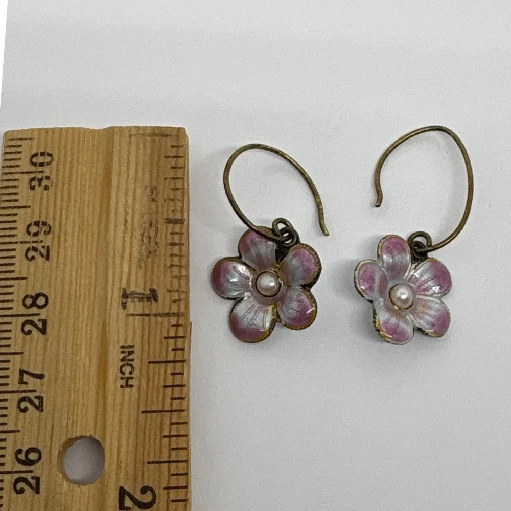 Enamel Cloisonne Pansy Flower Dangle Earrings Pearl Center, Floral Drop Earrings